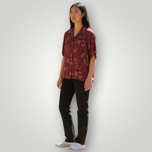 Christie & Jill Vintage Floral‎ Blouse 14 Maroon Short Sleeve Button Up